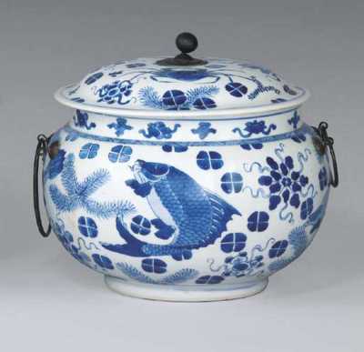 THE PORCELAIN KANGXI（1662-1722）， THE CHINESE METAL MOUNTS PROBABLY CONTEMPORARY The A BLUE AND WHITE METAL-MOUNTED’FISH’ JAR AND COVER